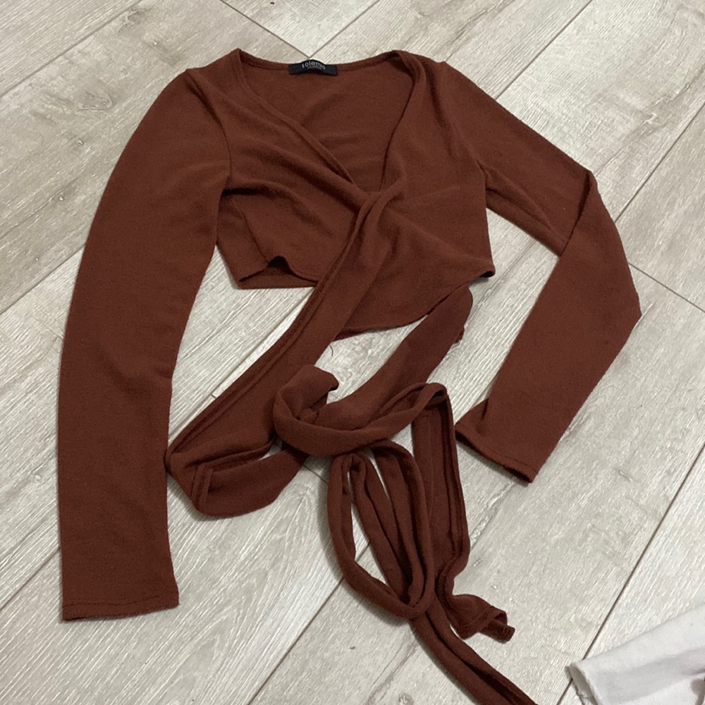 Long sleeve wrap around brown top